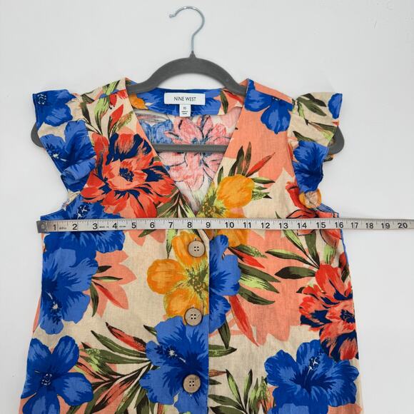 Nine West Womens XS Multicolor Floral Linen Flutter Cap Sleeve Button Blouse Top - Picture 9 of 10